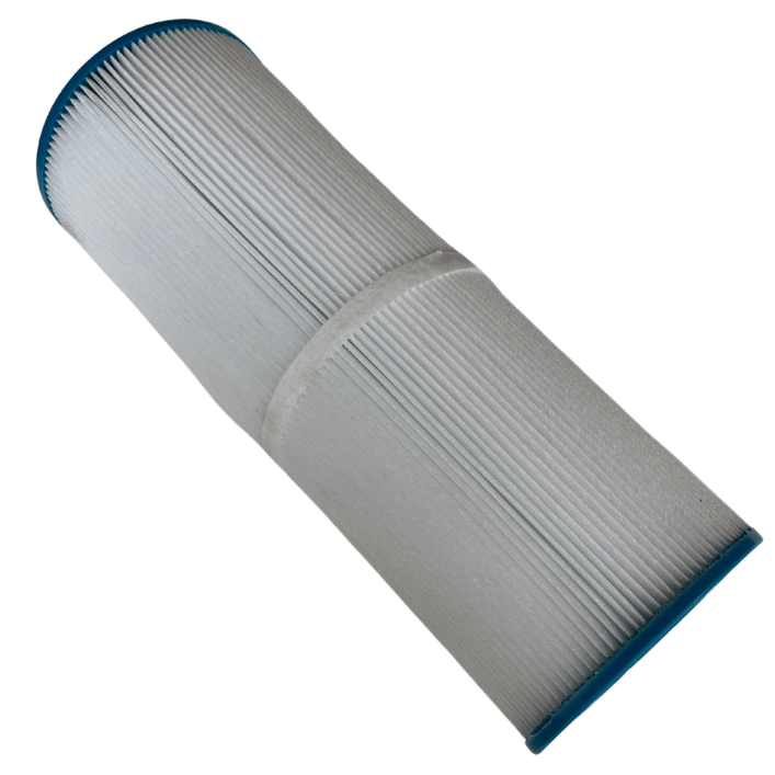 A pleated cylindrical replacement filter cartridge with white filter media and blue plastic end caps, shown diagonally on a plain white background.