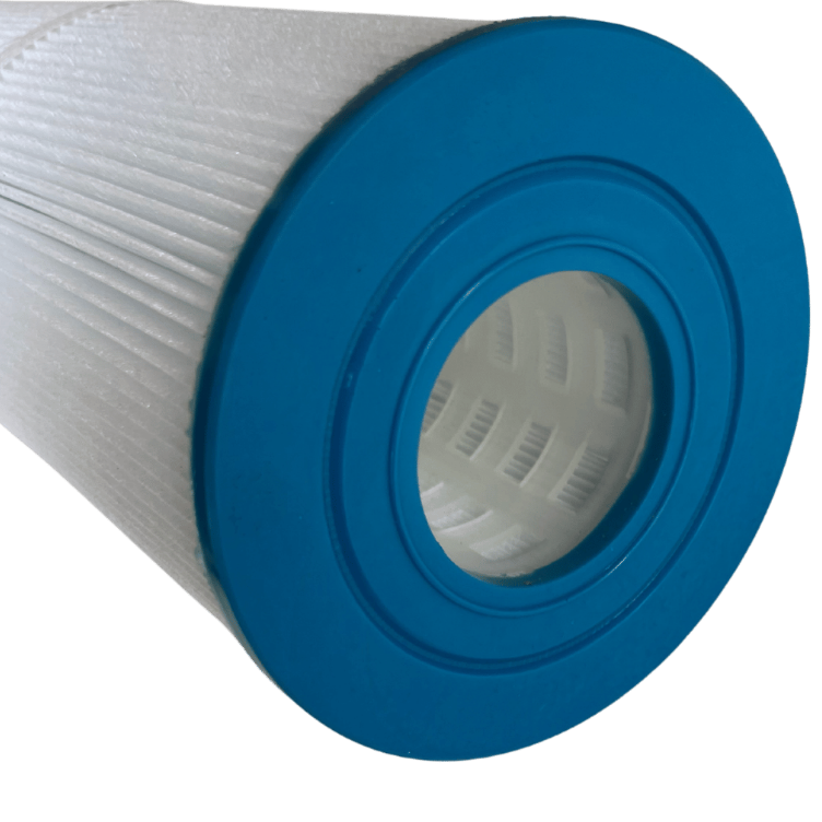 A close-up of a cylindrical pleated filter cartridge, showing the white pleated outer body and a bright blue end cap with a white mesh center.
