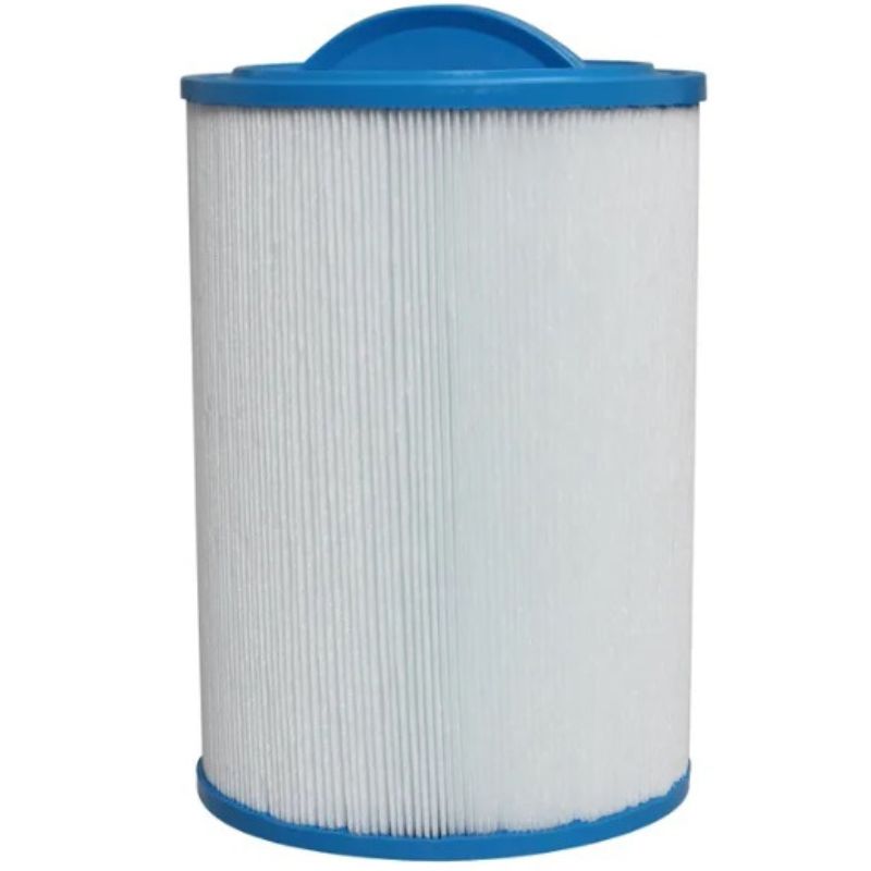 Cylindrical filter with blue top and bottom on a white background