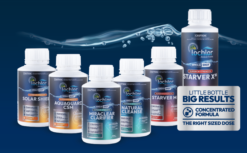 Six bottles of Lochler aquarium supplement products arranged on a dark blue background with a water splash graphic. The products include Solar Shield, Aquaguard CSM, Miracle Clear Clarifier, Natural Cleanse, Starver M, and Starver X+.