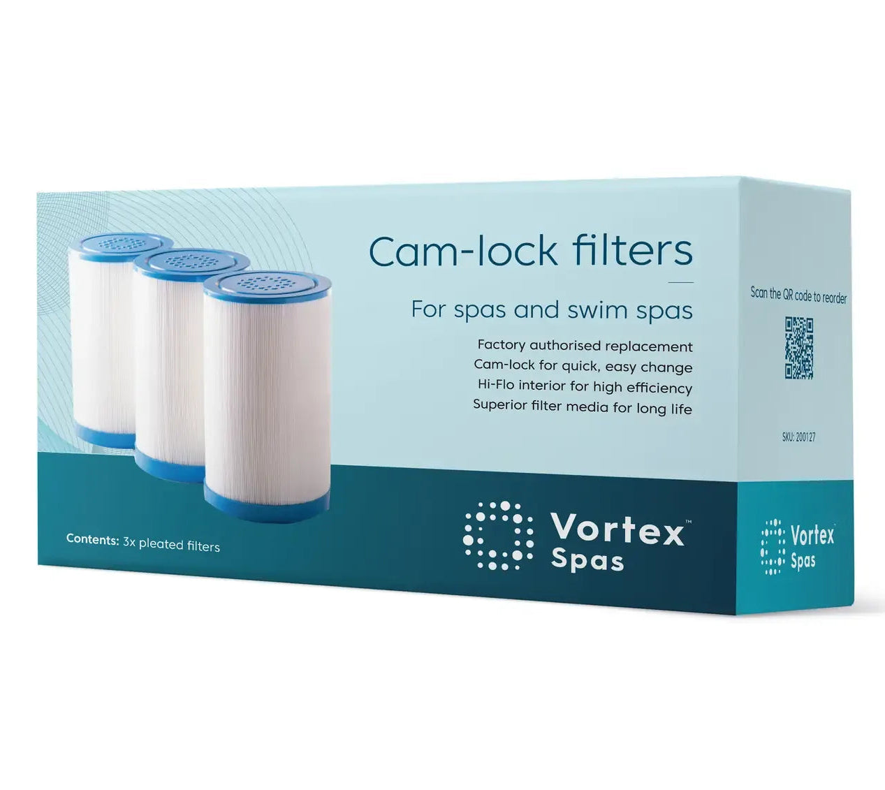 Vortex Spas Cam-lock filters replacement box containing 3 filters, shown on a clean white background.
