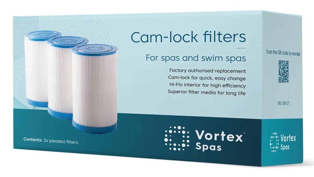 Vortex Spas Cam-lock filters replacement box containing 3 filters, shown on a clean white background.