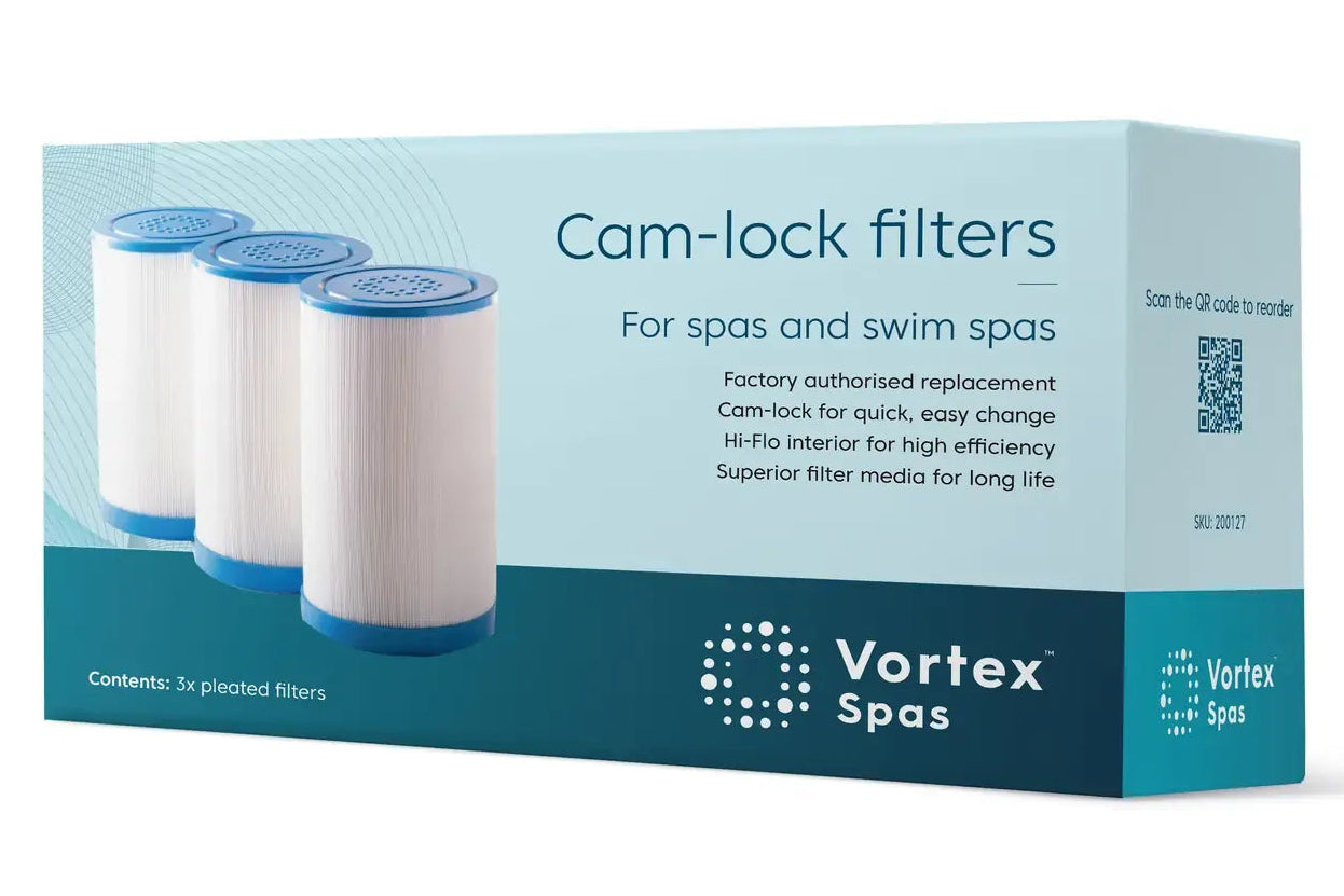 Vortex Spas Cam-lock filters replacement box containing 3 filters, shown on a clean white background.