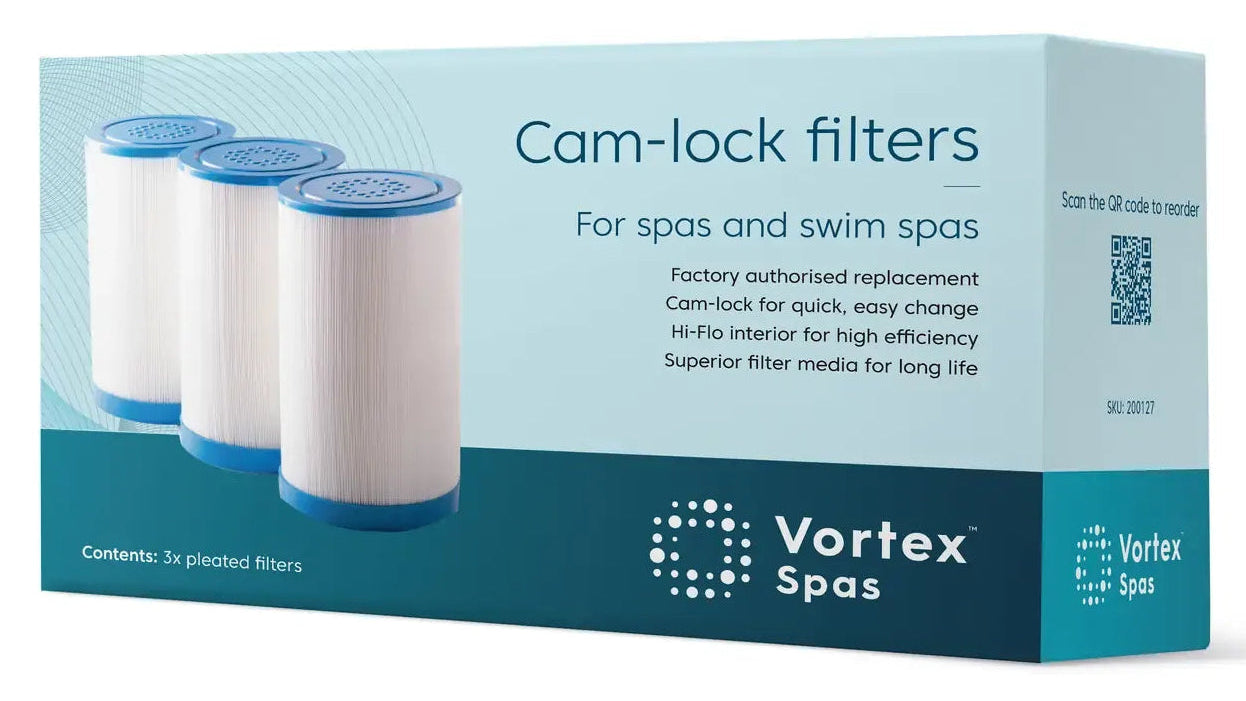 Vortex Spas Cam-lock filters replacement box containing 3 filters, shown on a clean white background.