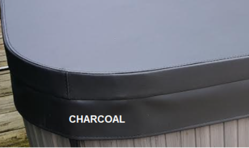 Hot tub cover with 'Charcoal' label on a wooden deck