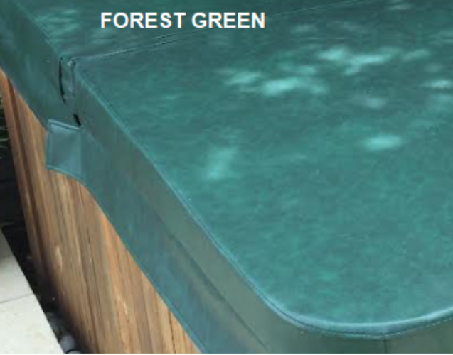 Teal hot tub cover with 'FOREST GREEN' label on a wooden deck.