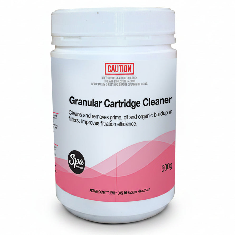 Granular cartridge cleaner container with white and pink design on a white background