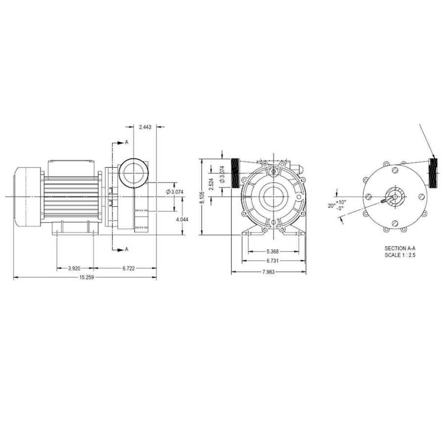 Technical dimension drawing of an electric motor and coupling assembly, showing front, side, and sectional A-A views with measurements on a white background.
