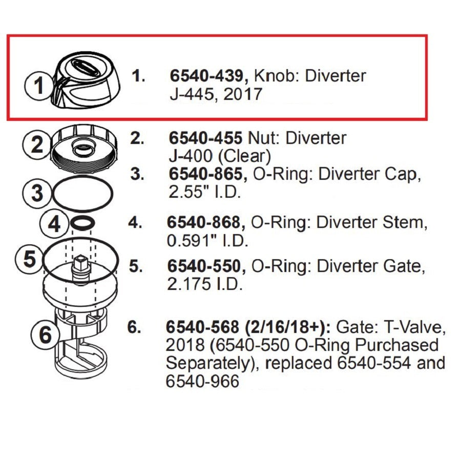 A technical parts diagram showing a labeled exploded view of a diverter assembly with numbered callouts and associated part numbers and text on a white background.