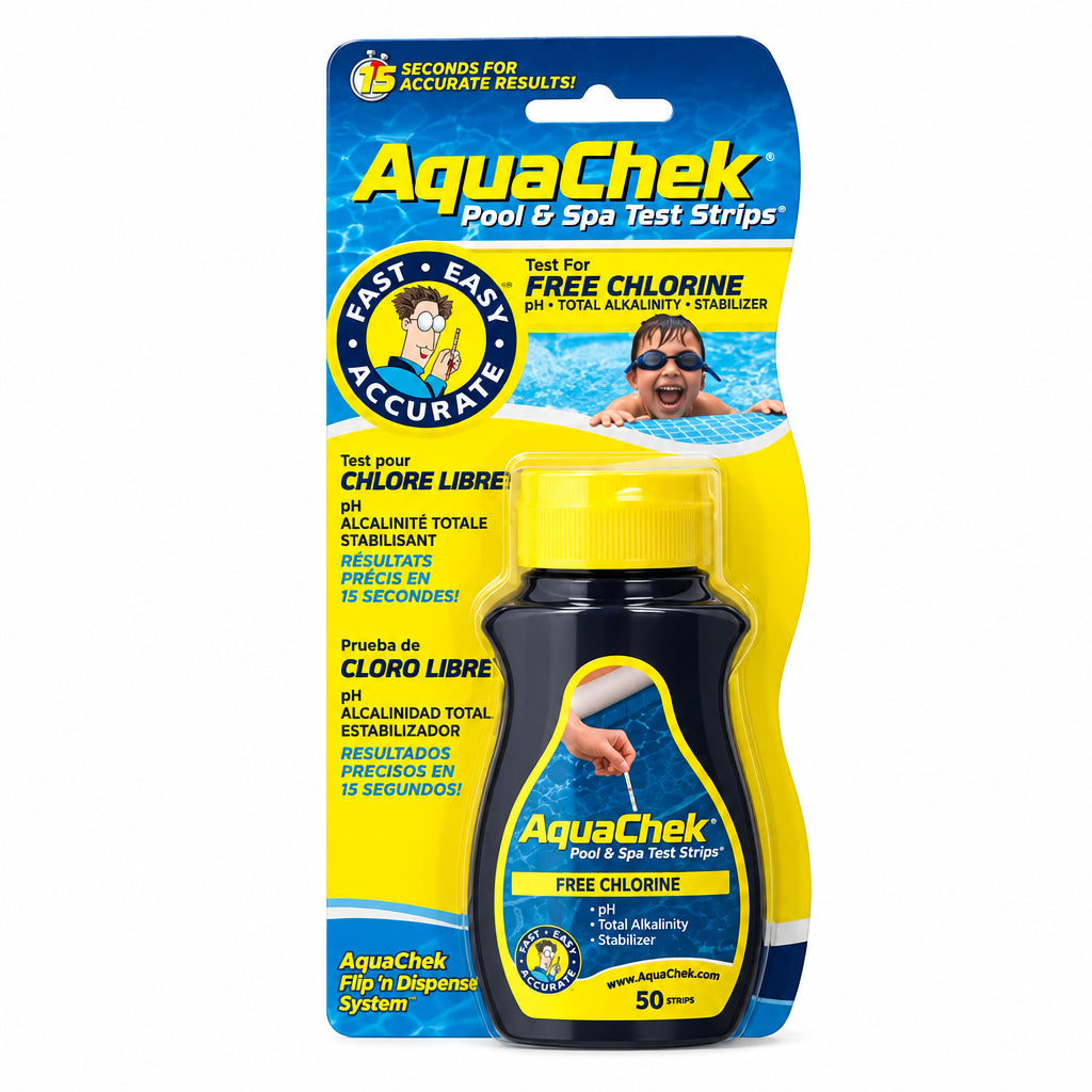 AquaChek pool and spa test strips packaging on a white background