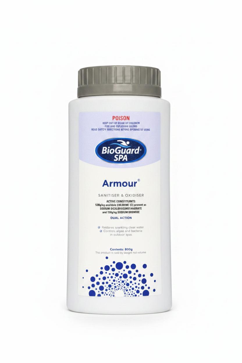 Two bottles of BioGuard Spa Armour on a black background