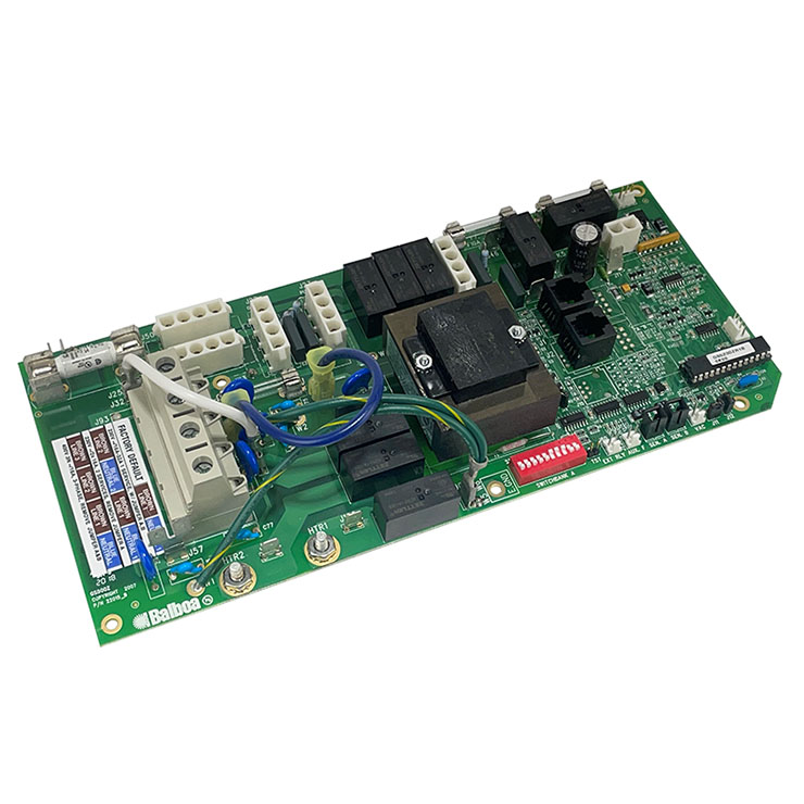 A green electronic circuit board with various black, white, and blue components, wires, and connectors, photographed on a solid white background.