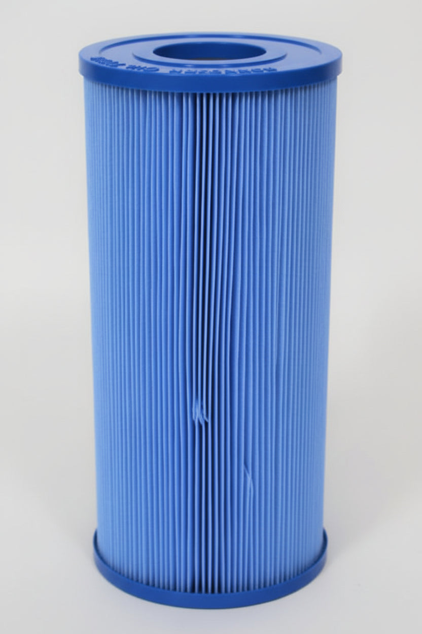 Blue cylindrical filter on a white background