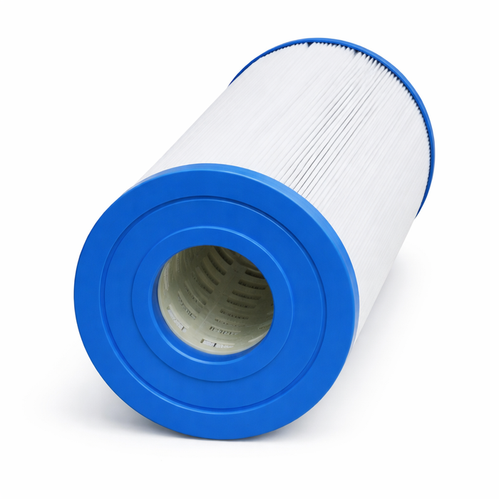 Cylindrical filter with blue top and white bottom on a white background