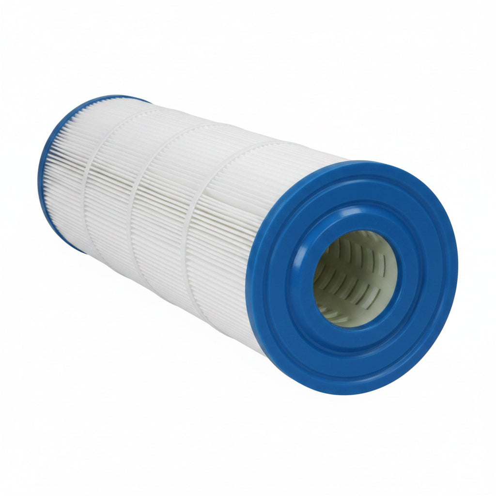 A cylindrical replacement filter cartridge with a blue outer rim and a white pleated filter body, shown on a plain white background.