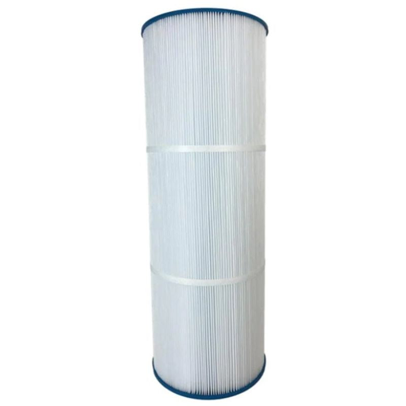 A cylindrical pleated replacement filter cartridge with white pleated material and blue trim at the top and bottom, shown on a plain white background.