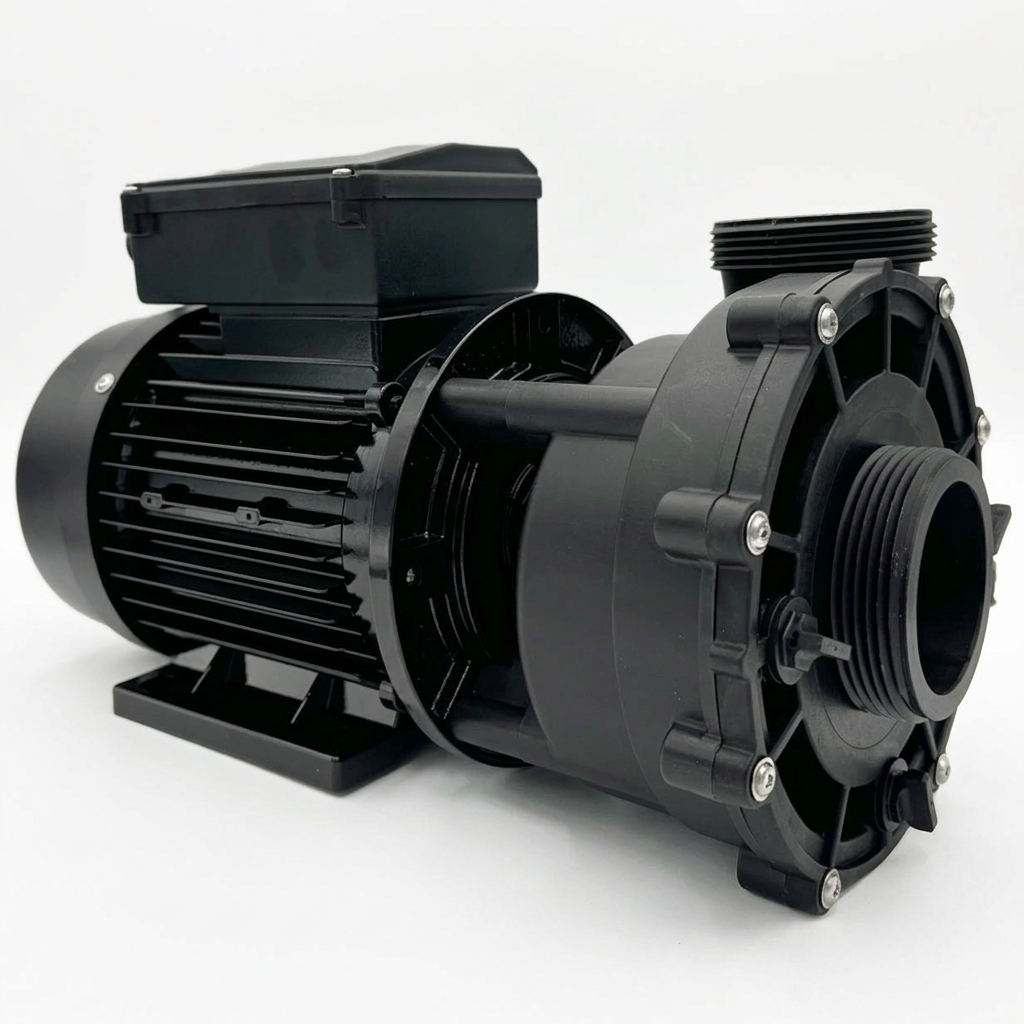 A black electric water pump with an integrated motor housing, control box, and flanged connection, shown on a plain white background.