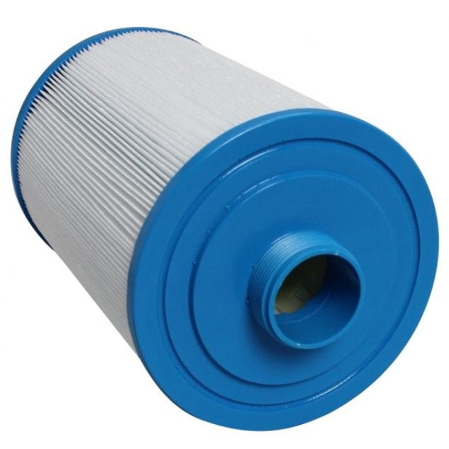 A cylindrical pleated filter cartridge with a blue plastic end cap and a white pleated body, shown on a plain white background.