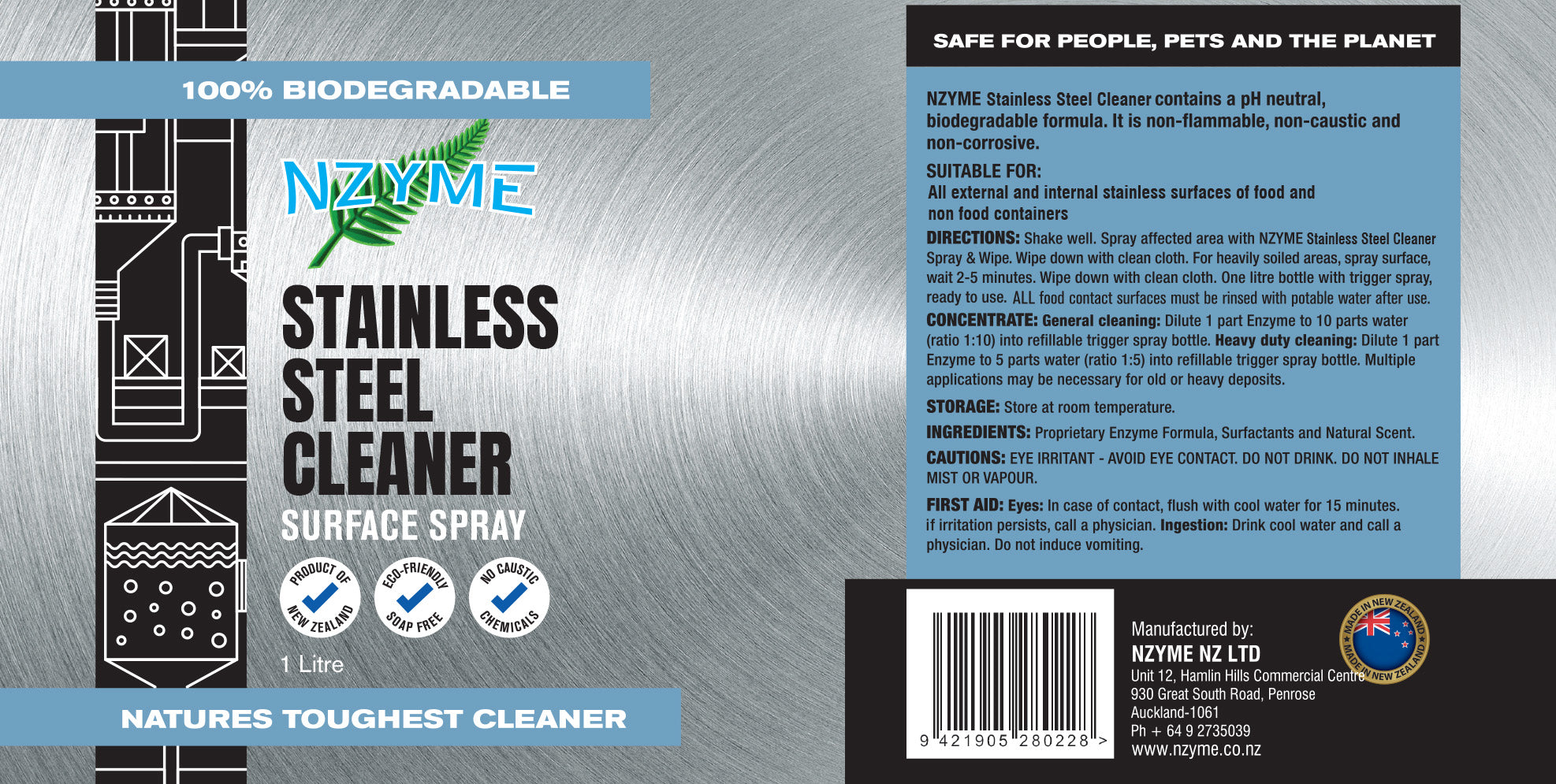 NZYME Stainless Steel Cleaner 1 Litre Ready To Use