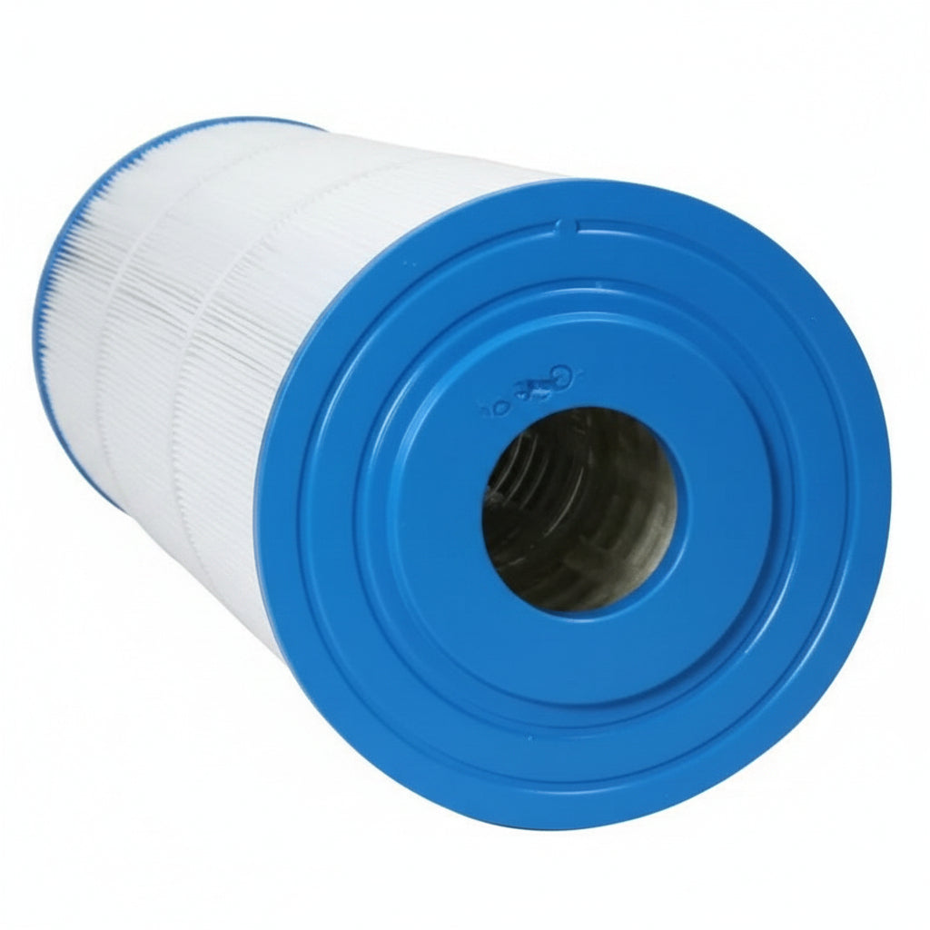 A cylindrical pool or spa filter cartridge with a blue plastic end and white pleated filter media, shown on a plain white background.