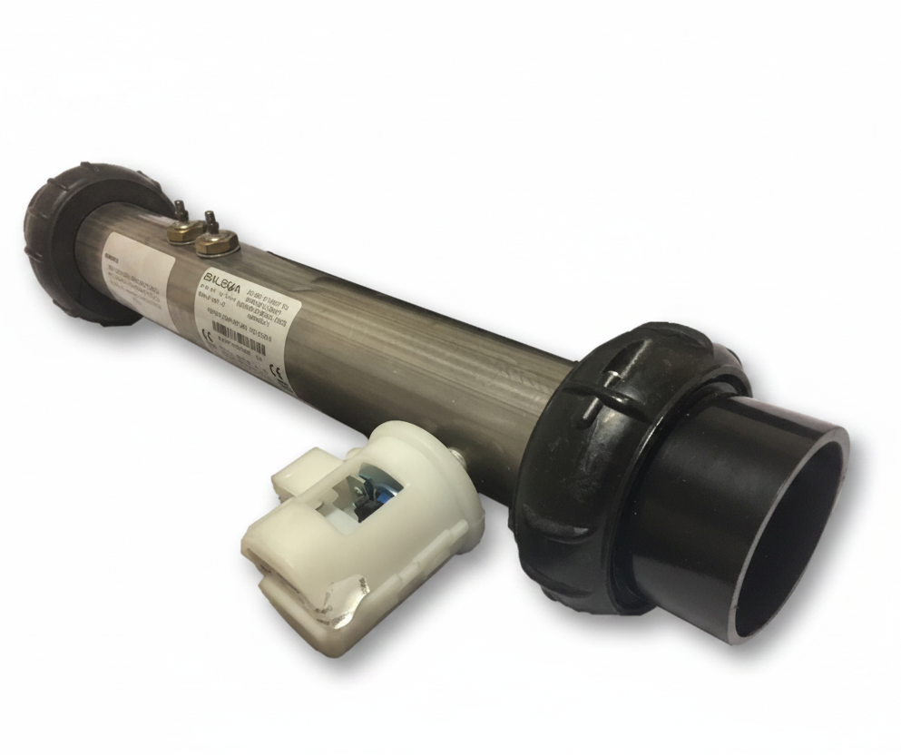 A cylindrical metal spa or pool pump component with black plastic end fittings and a small white plastic connector, shown on a plain white background. A visible label reads GULABU.