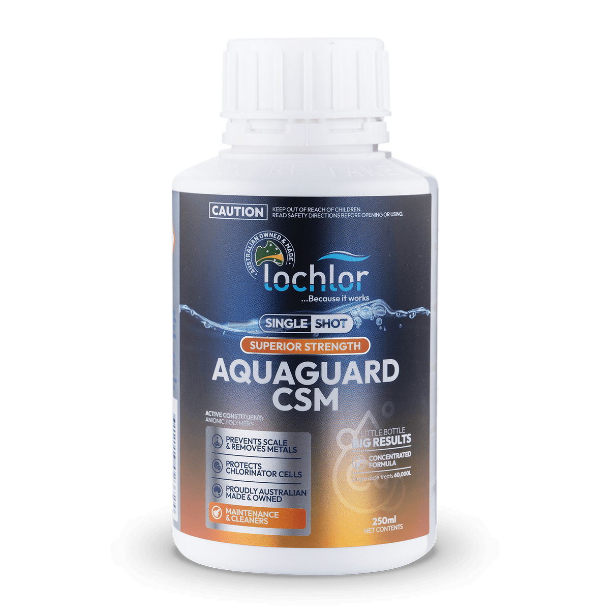 A white plastic bottle of Lochler Aquaguard CSM Single PRO+ with a dark blue and orange label, isolated on a white background with a soft shadow.