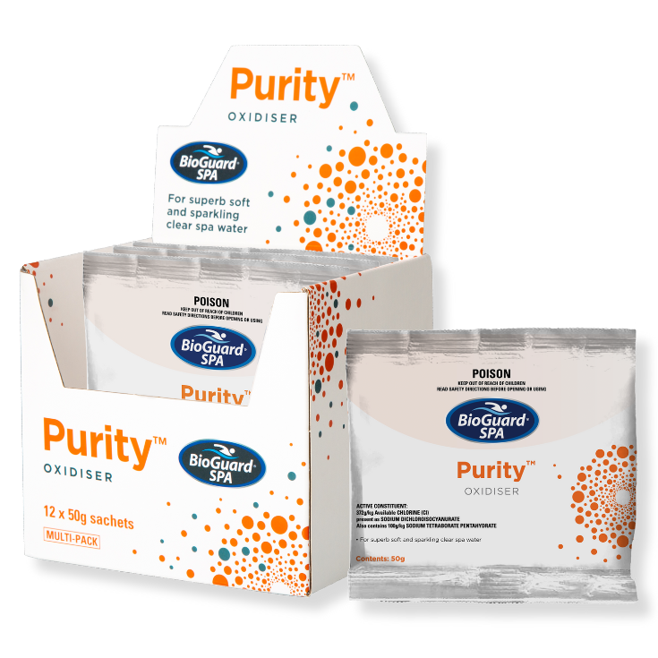 A retail display box and individual sachet of Purity Oxidisen by BioGuard SPA, featuring white packaging with orange and blue branding on a clean white background.