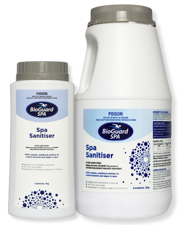 Two white plastic containers of BioGuard SPA Spa Sanitiser, one smaller bottle and one larger jug, both with gray caps and blue-and-white labels, shown on a plain white background.