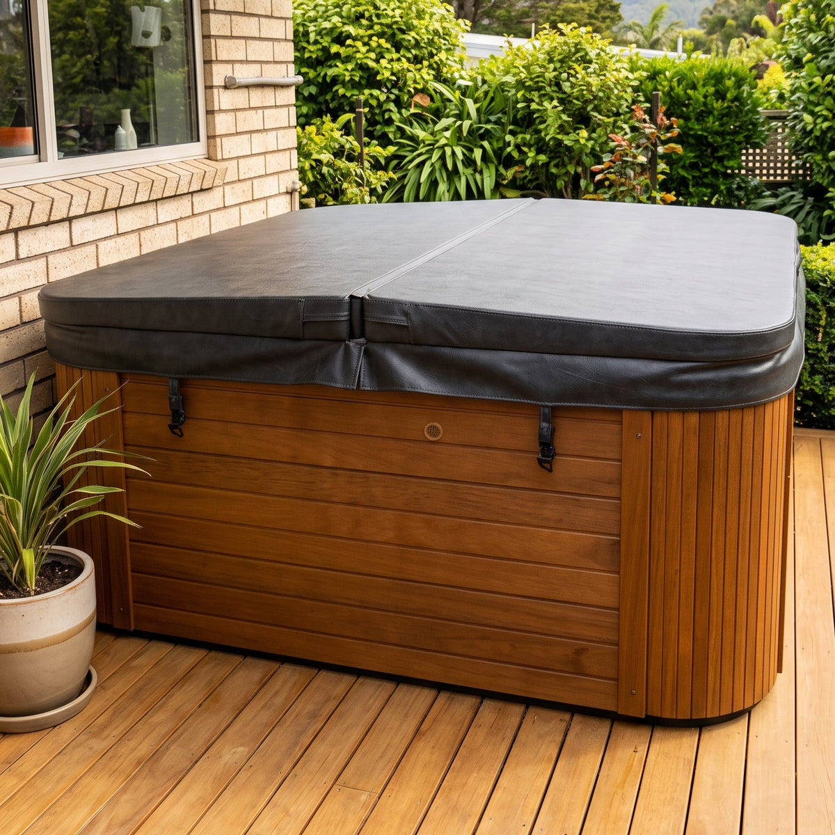 A wooden outdoor hot tub with a dark gray cover sits on a wooden deck next to a brick house, with green hedges and a blue sky in the background.