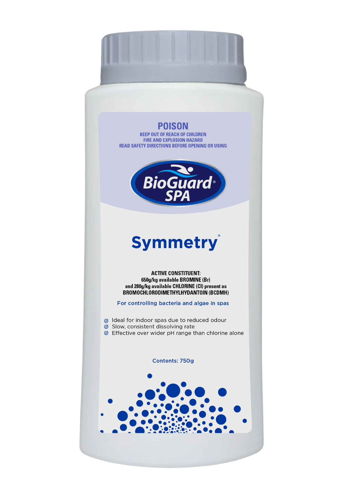 A 750g bottle of BioGuard Spa Symmetry water treatment for indoor spas, featuring a white bottle, gray cap, and a light purple label with blue text and graphics.