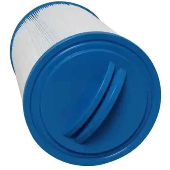 Blue and white filter cartridge on a white background