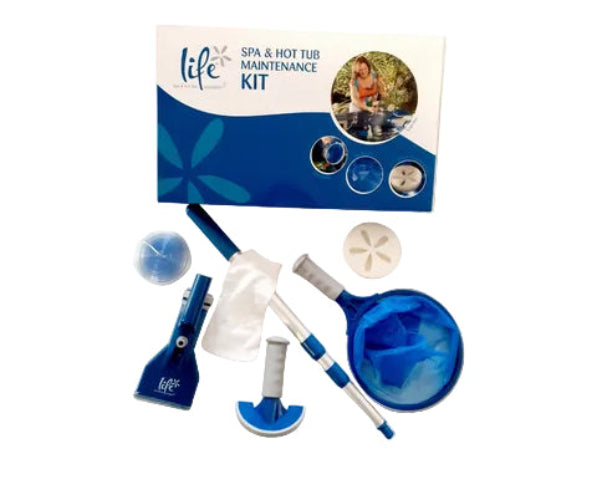 Life Spa & Hot Tub Maintenance Kit with various blue and white cleaning tools and accessories arranged on a white background, with the product box visible at the top.