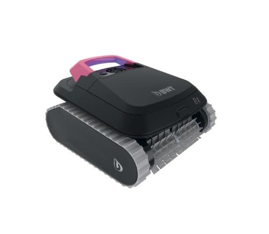 Robotic pool cleaner with a pink handle on a white background