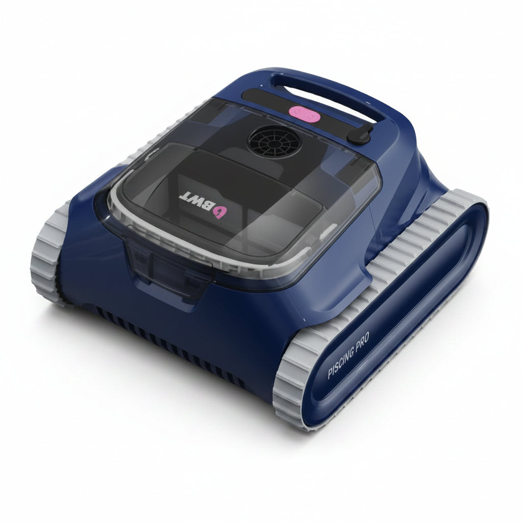 Robotic pool cleaner with brand logo on a white background