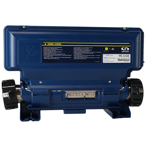 Blue mechanical device with visible branding on a white background