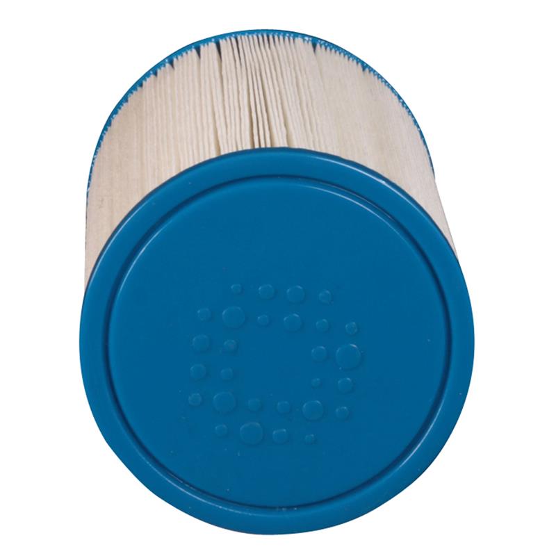 Blue cylindrical filter with beige pleated material on a white background