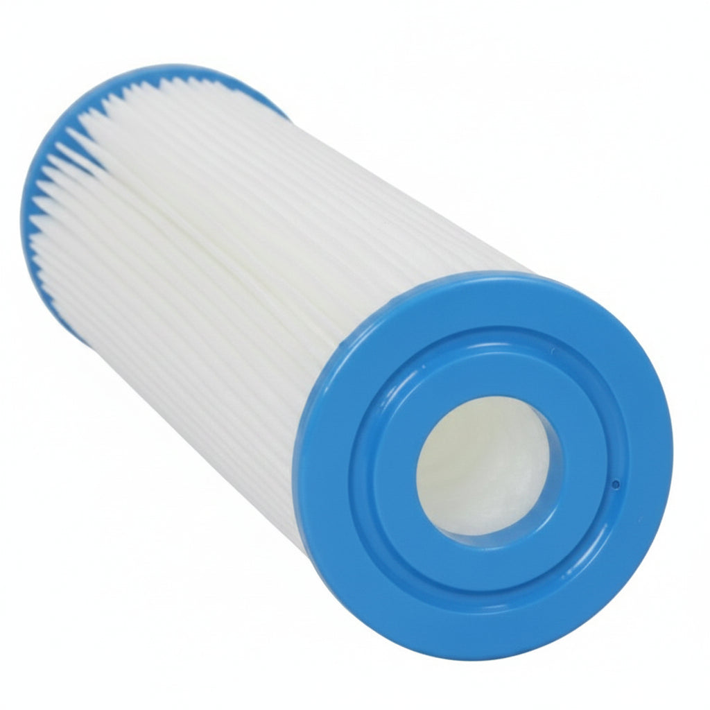 Filter cartridge with blue and white design on a white background