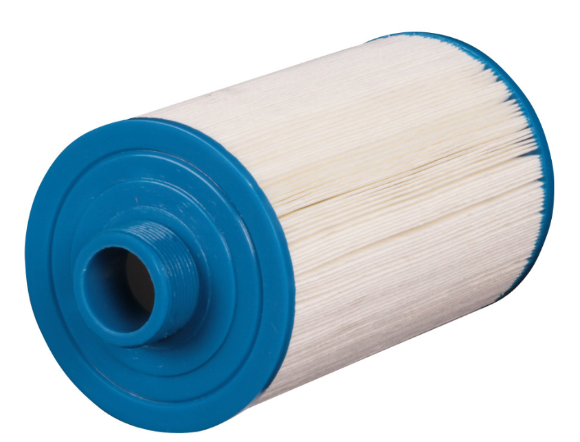 Filter cartridge with blue outer ring and white inner core on a white background