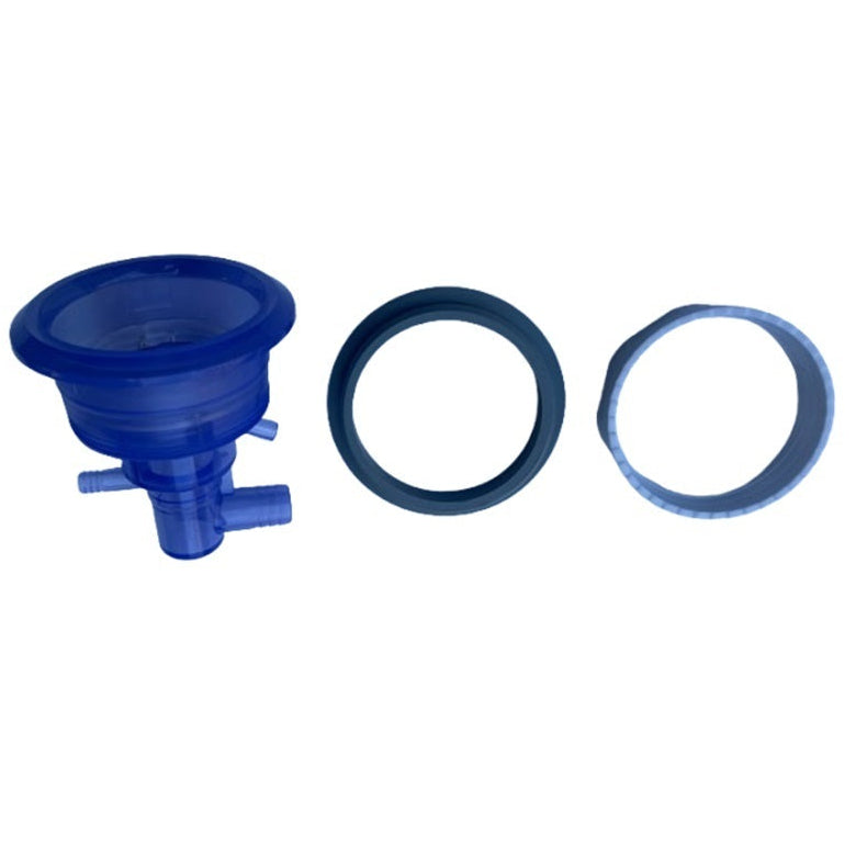 Blue plastic funnel and two washers on a white background