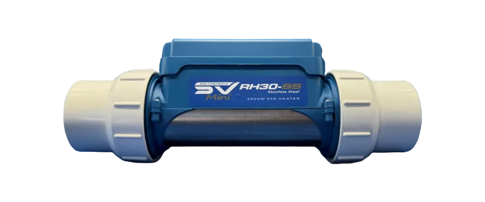 Blue and white valve with 'SV' branding on a black background