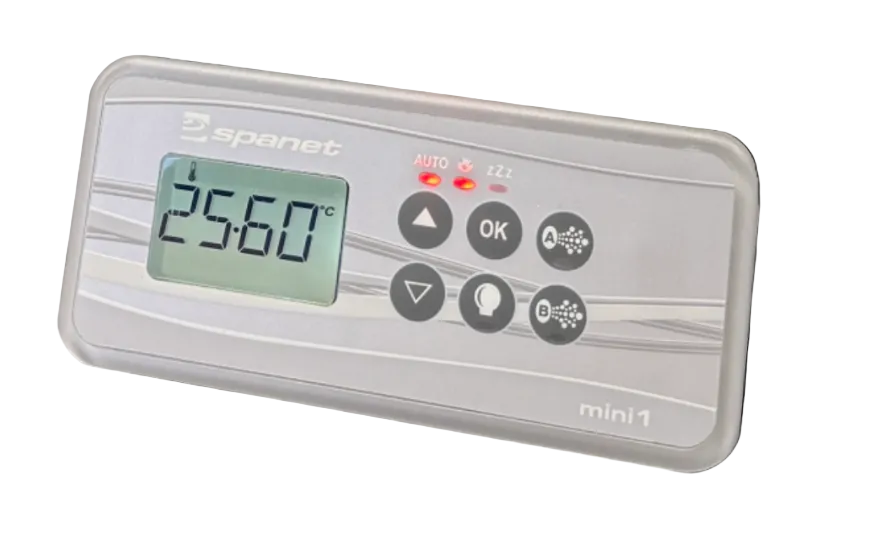 Digital temperature controller with display and buttons on a black background