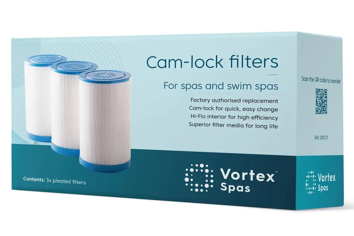 Vortex Spas Cam-lock filters replacement box containing 3 filters, shown on a clean white background.