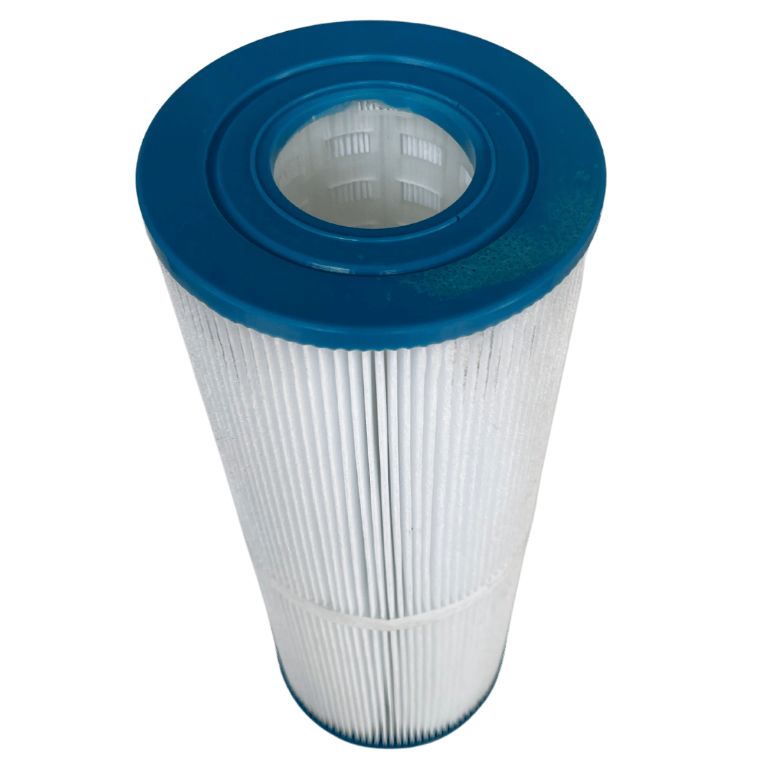 A cylindrical pleated pool or spa filter cartridge with a white pleated body and a blue plastic top cap, shown on a solid white background.