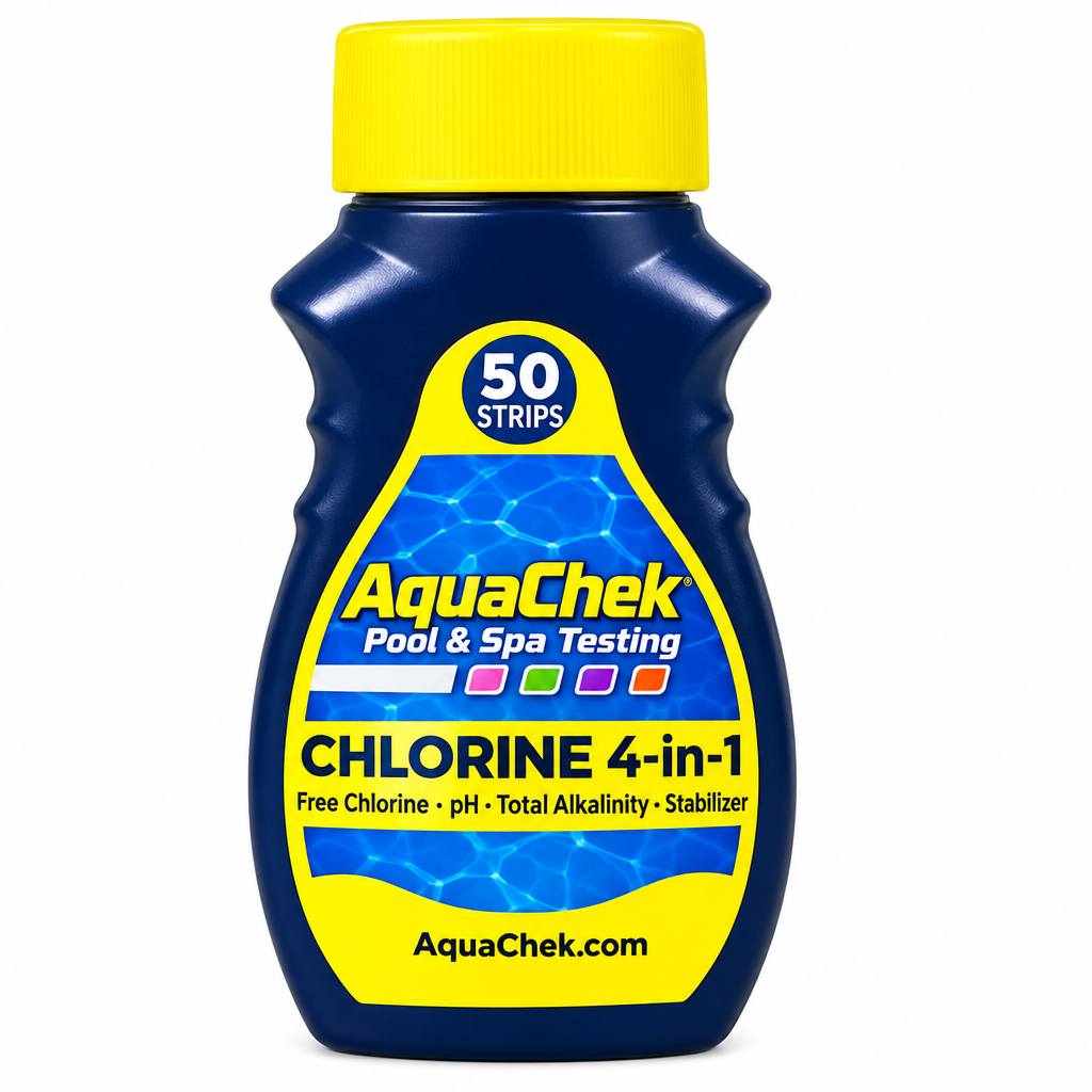 A bottle of AquaChek Chlorine 4-in-1 pool and spa testing strips with a yellow cap and blue and yellow label, on a white background.