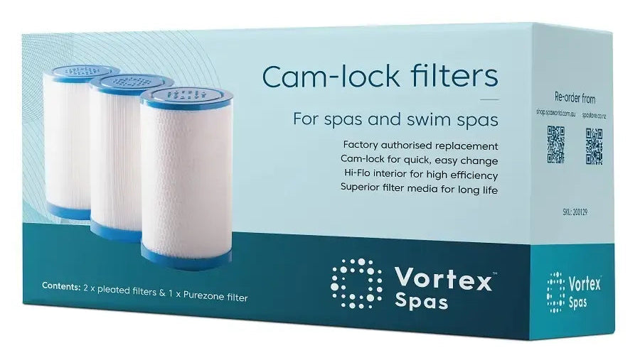 Vortex Spas Cam-lock filters replacement box containing 2 pleated filters and 1 Purezone filter, shown on a white background.