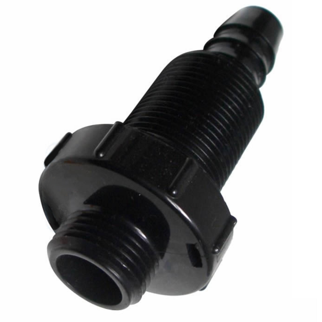 A black plastic threaded hose barb connector with a male thread on one end and a female thread on the other, shown on a plain white background.