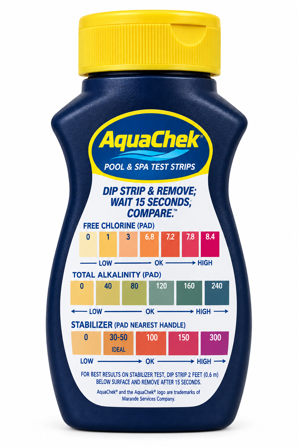 A close-up of a dark blue Aquach 500 liquid strip bottle with a yellow cap, showing the front label with color test strips and text instructions. Another Aquach bottle is partially visible behind it on a white background.