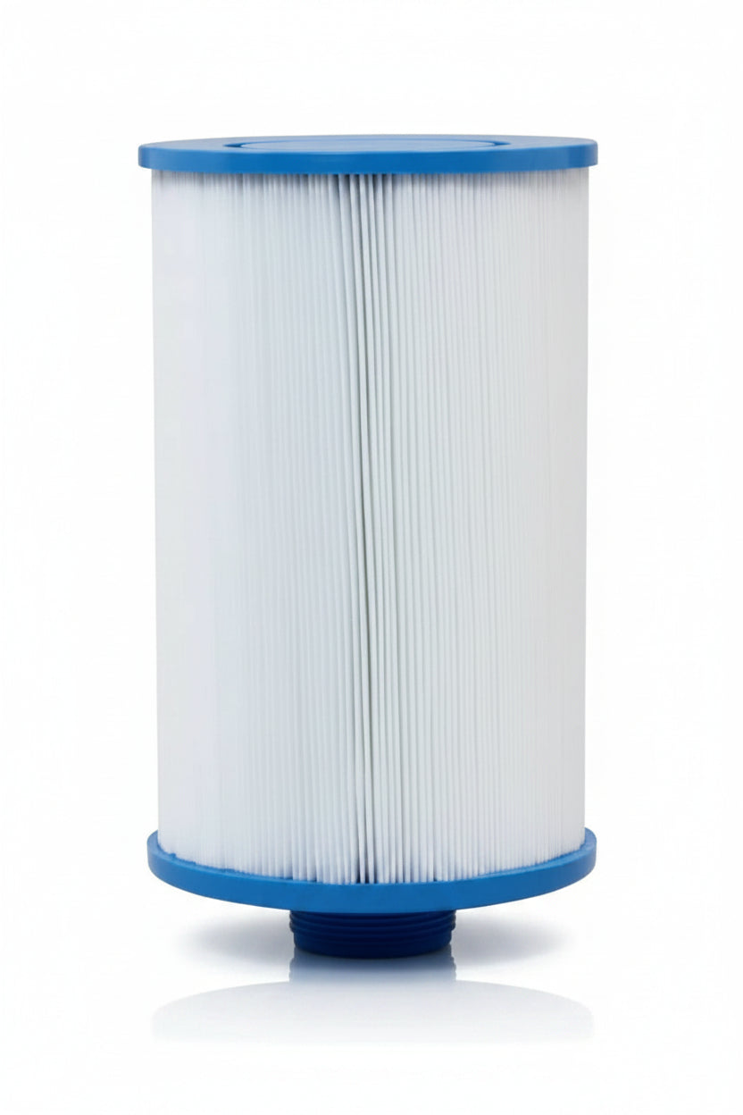 Filter cartridge with blue top and bottom on a white background