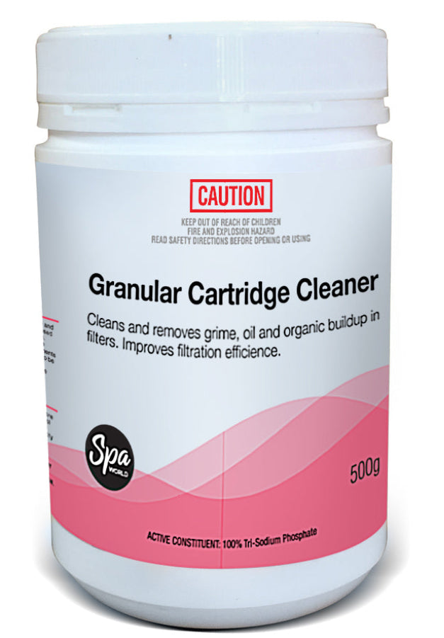 Granular cartridge cleaner container with white and pink design on a white background