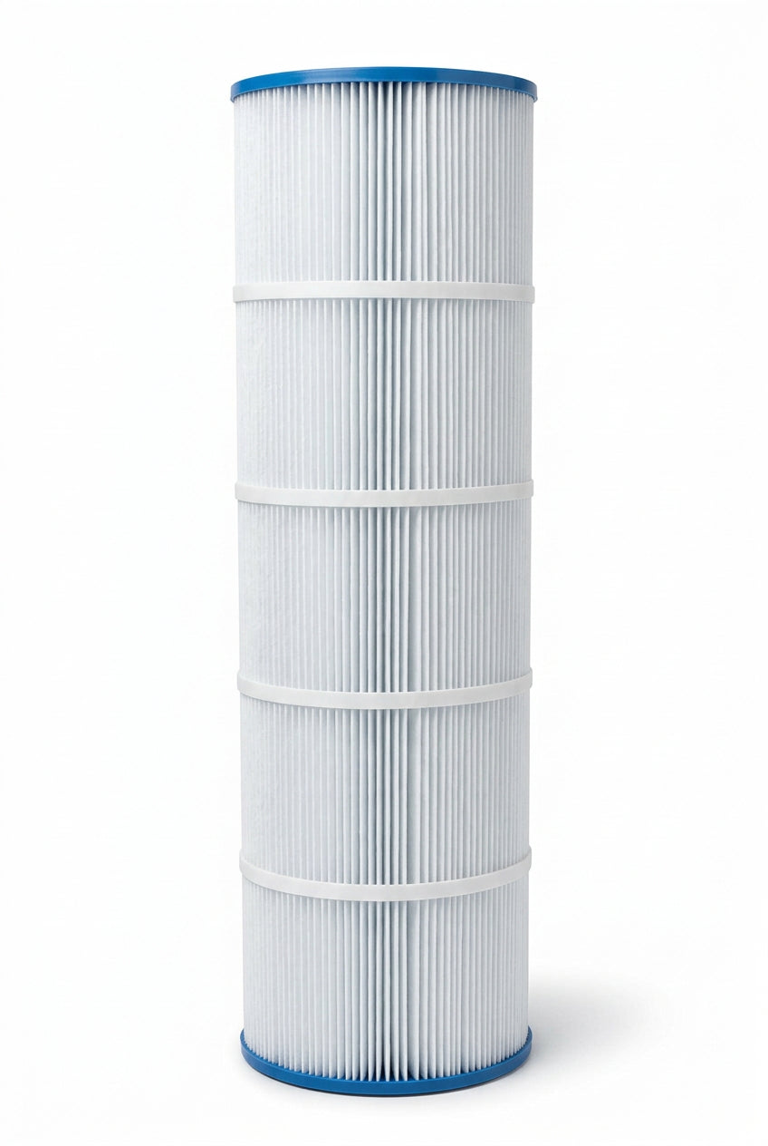 A cylindrical pool or aquarium filter cartridge with white pleated media and blue end caps, shown against a plain white background.